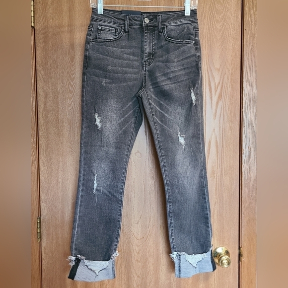 RISEN Mid Rise Frayed Cuff Ankle Straight Jeans - Picture 2 of 9
